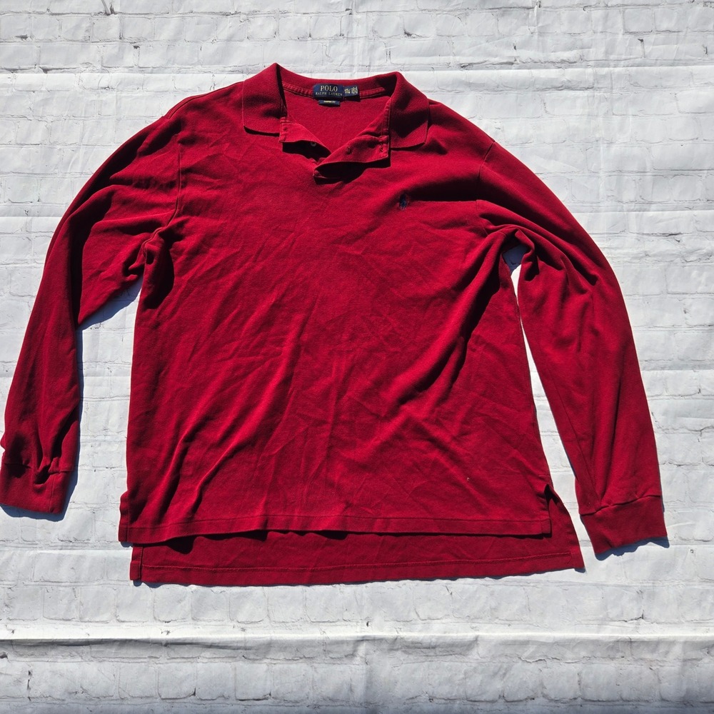 Polo Ralph Lauren Mens XXL Red Long Sleeve Polo Shirt Custom Fit Navy Blue Pony